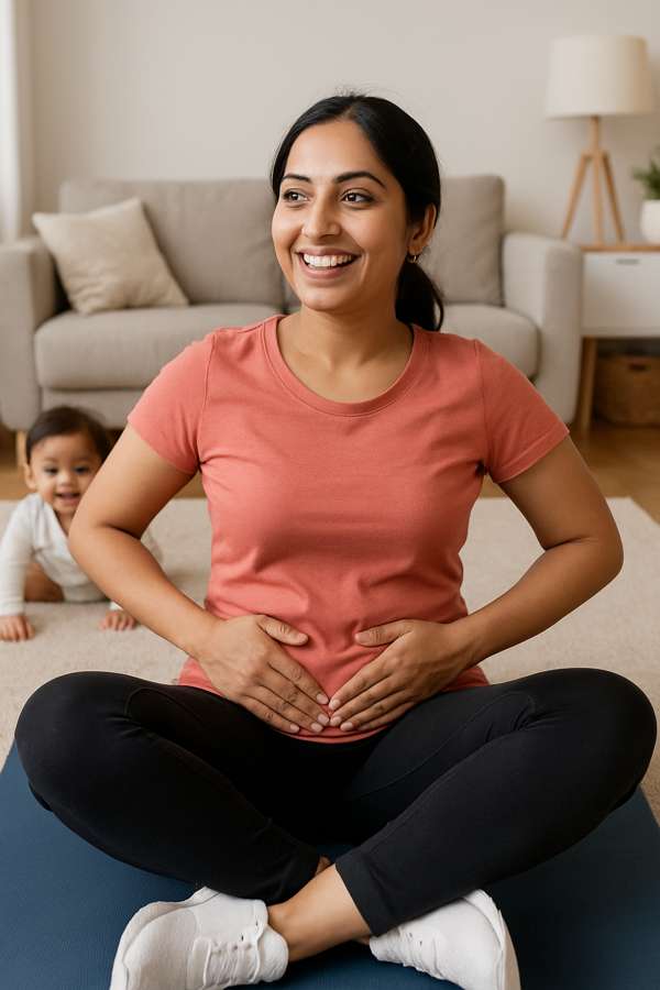 young mother doing kegel exercise to strengthen the pelvic floor muscles