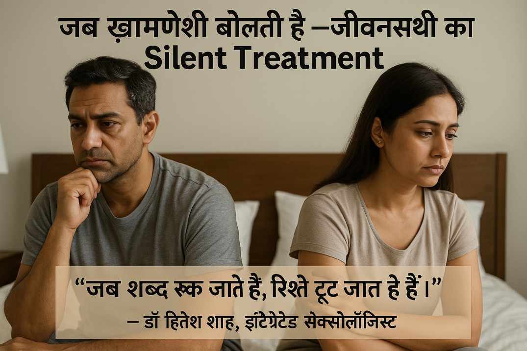 हाइपर-फोटोरीएलिस्टिक चित्र जिसमें भारतीय दंपति एक-दूसरे से मुंह फेरकर बैठे हैं, चेहरों पर दुख और दूरी के भाव, रिश्ते में खामोशी और तनाव को दर्शाता हुआ।