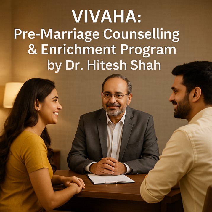 Young Indian couple attending pre marriage counselling session with Dr. Hitesh Shah in Mumbai, smiling and learning communication, emotional bonding and relationship readiness through the Vivaha program