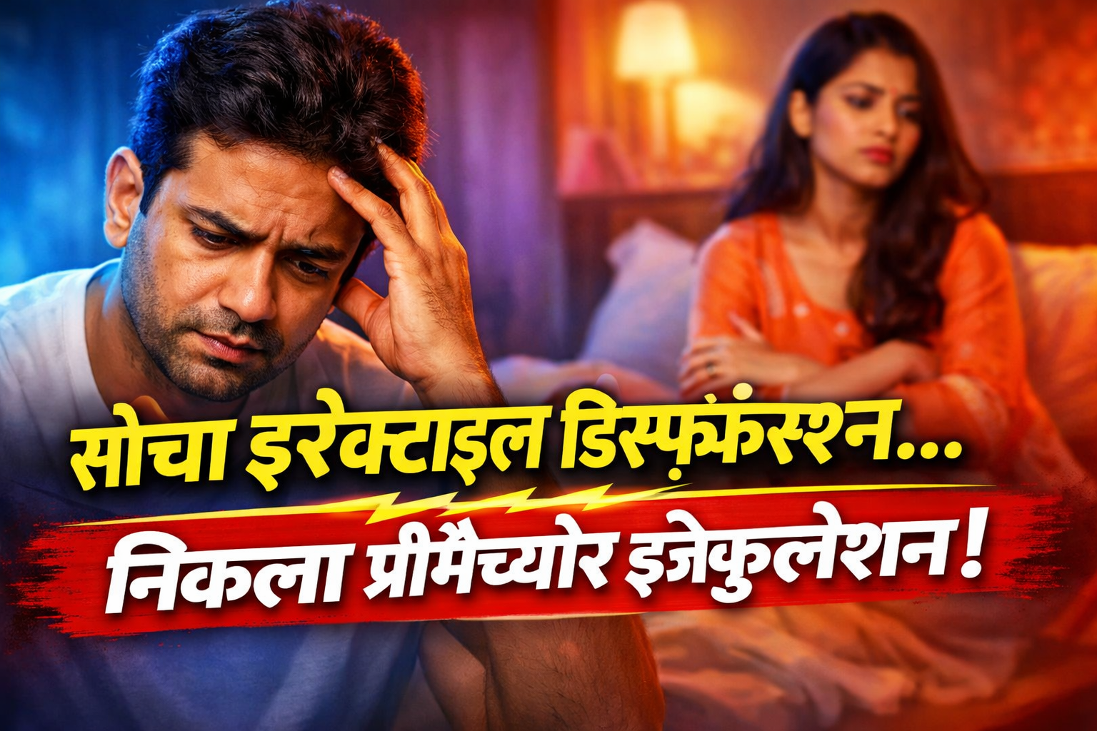 एक उलझन और तनाव में बैठा विवाहित भारतीय पुरुष, पीछे निराश पत्नी, विषय – इरेक्टाइल डिस्फंक्शन और प्रीमैच्योर इजैकुलेशन का अंतर, डॉ. हितेश शाह Integrated Sexology®, बेस्ट सेक्सोलॉजिस्ट इन मुंबई, इंडिया